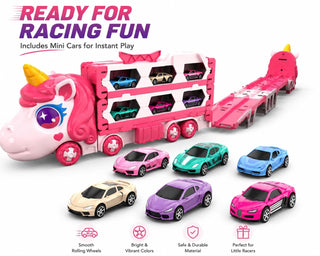 Unicorn Car Carrier Truck Toy with Foldable Race Track & Mini Alloy Cars