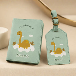 Personalized Passport Cover & Luggage Tag  for Kids | Custom Name Travel Accessories (Dino - Brontosaurus) (PREPAID ONLY)
