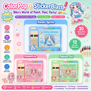 ColorPop + StickerBlast 2-in-1 Sticker Colouring Kit for Kids — 12 Acrylic Markers & 20-Page Book (Random)