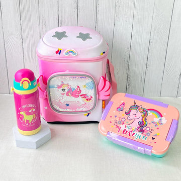 Unicorn Theme Combo Set of Backpack, Lunch Box & Water Bottle for Kids (Pink)