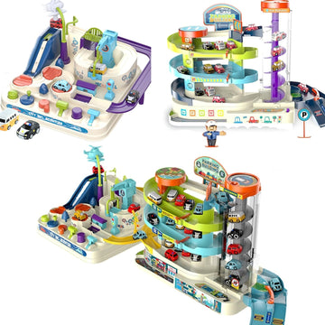 2-in-1 Car Adventure & Parking Building Toy Set with Music and Light