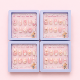 Heartbeat Nail Art – Kawaii Bear Press-On Nails | Pink 3D Floral Set