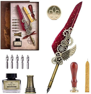 Vintage Feather Quill Pen Gift Set with Ink & Wax Seal Stamp
