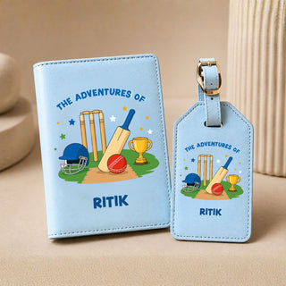 Personalized Passport Cover & Luggage Tag  for Kids | Custom Name Travel Accessories (Cricket Trophy) (PREPAID ONLY)