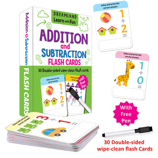 Flash Cards Addition and Subtraction - 30 Double Sided Wipe Clean Flash Cards for Kids (With Free Pen)