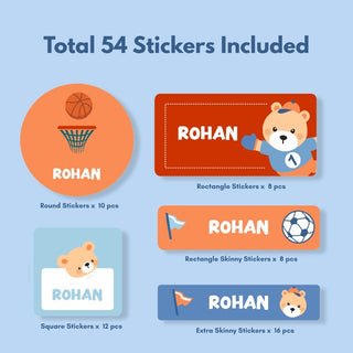 Personalized Name Labels Combo - Sporty Bear - Pack of 54 (PREPAID ORDER)