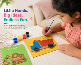 Construction Vehicles Paint & Play Kit – Create Your Own MDF Dino Art Set for Kids (Pack Of 4)