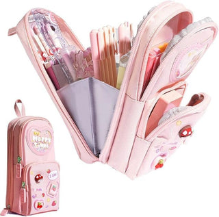 Large Capacity 3-Compartment Pencil Pouch with Cartoon Charms & Handle