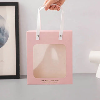Pack of 10 | Portable Paper Gift Bag with Transparent Window (Pink) | 3 size Available