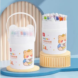 24-Color Water-Soluble Silky Crayons Set with Cute Bear Bucket