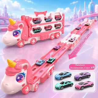 Unicorn Car Carrier Truck Toy with Foldable Race Track & Mini Alloy Cars
