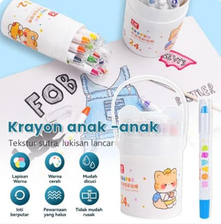 24-Color Water-Soluble Silky Crayons Set with Cute Bear Bucket