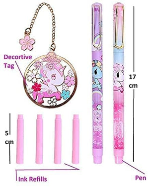 Kawaii Unicorn Glitter Fountain Pen Set for Girls – 2 Pens, 4 Refills & 1 Bookmark