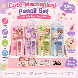 Kawaii Mechanical Pencil Set — 0.5mm HB Lead | 4 Cute Colors (Random)