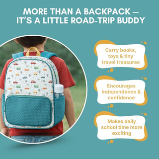 Cots and Cuddles Cute Vehicles Theme Printed Canvas Backpack for Kids