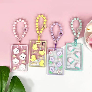 The Ultimate Student ID Card Protector: Acrylic Cartoon Case Card Holder with Pearl Bracelet Keychain