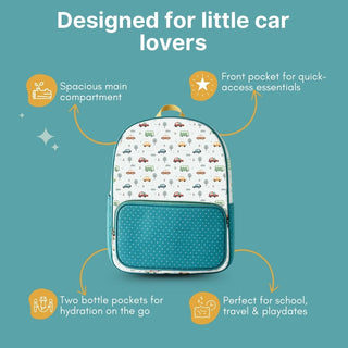 Cots and Cuddles Cute Vehicles Theme Printed Canvas Backpack for Kids