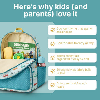 Cots and Cuddles Cute Vehicles Theme Printed Canvas Backpack for Kids
