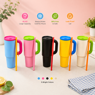 40 oz insulated tumbler with handle and straw in 5 bright colors - BPA free and leak proof