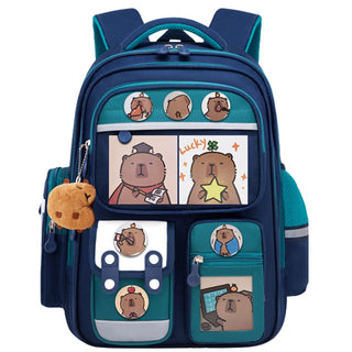 Cute Cartoon Design Backpacks with Multiple Pocket for Kids (Capybara) (Navy Blue/Green)