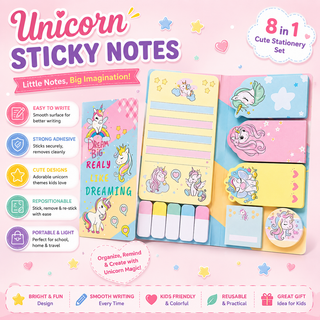 Unicorn Magic Sticky Notes | 8-in-1 Kawaii Stationery Set for Girls