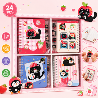 Kawaii Mini Spiral Notebook Gift Set | Cute Cat & Penguin (Random)
