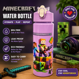 Minecraft Kids Water Bottle 750ml – Leak-Proof, BPA-Free with Flip Straw