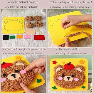 Kids Animal Needle Threading Wool Art Kit – DIY Fluffy Face Sewing Craft Set (Random)