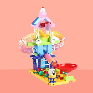 Colorful Marble Run 203pc Building Blocks Toy with Spiral Tracks, Rolling Balls & Rainbow Slinky