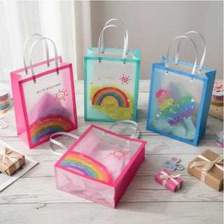 Transparent Pvc Rainbow Gift Bags for Kids | Birthday Party Bags with Handles (Pack Of 12) (Big)