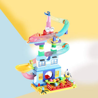 Colorful Marble Run 203pc Building Blocks Toy with Spiral Tracks, Rolling Balls & Rainbow Slinky