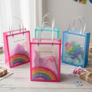 Transparent Pvc Rainbow Gift Bags for Kids | Birthday Party Bags with Handles (Pack Of 12) (Big)