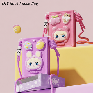 Kawaii Book Shaped Silicone Phone Bag with 3D Charms | Kids Crossbody Bag