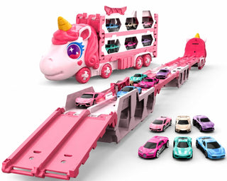 Unicorn Car Carrier Truck Toy with Foldable Race Track & Mini Alloy Cars