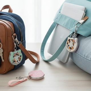 Cat-Shaped Foldable Mirror Keychain — Pastel Glitter & Printed Designs