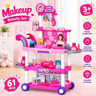 61-piece pink makeup beauty trolley play set with pretend accessories, labelled ages 3+
