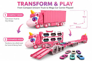Unicorn Car Carrier Truck Toy with Foldable Race Track & Mini Alloy Cars