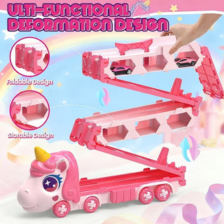 Unicorn Car Carrier Truck Toy with Foldable Race Track & Mini Alloy Cars