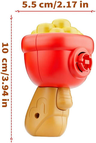 Side view of burger-shaped handheld fan toy with green propeller