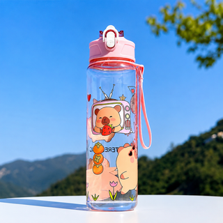 Kawaii Capybara Kids Water Bottle with Straw & Wrist Strap – 1000ml