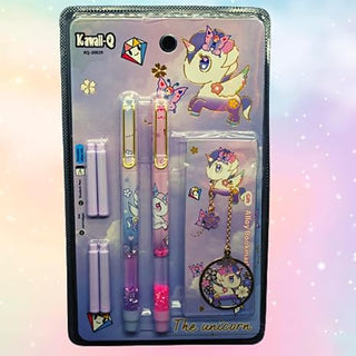 Kawaii Unicorn Glitter Fountain Pen Set for Girls – 2 Pens, 4 Refills & 1 Bookmark
