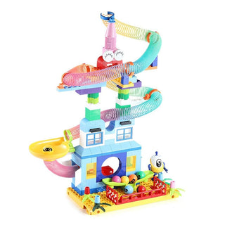 Colorful Marble Run 203pc Building Blocks Toy with Spiral Tracks, Rolling Balls & Rainbow Slinky
