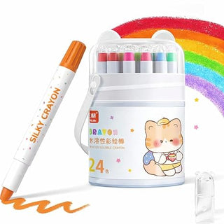 24-Color Water-Soluble Silky Crayons Set with Cute Bear Bucket