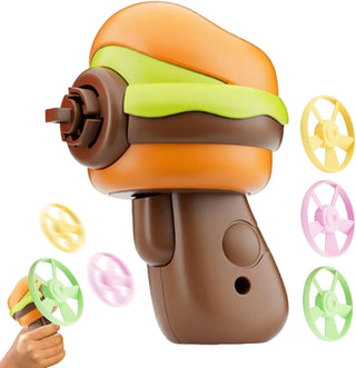 Burger-shaped handheld fan toy with colourful propellers pictured