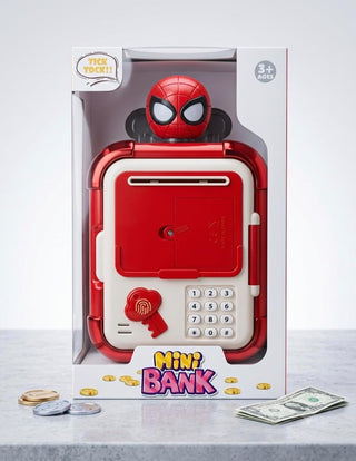 Spider-Man mini money bank in retail packaging with red front door and number keypad