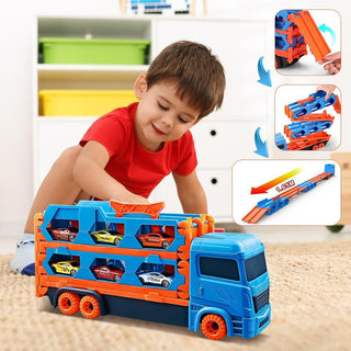 Folding Track Truck with 2 Die Cast Cars & 1.65M Track Set for Kids Racing & Pretend Play Toy