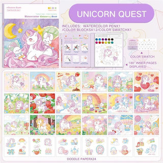 Unicorn Quest Watercolor Coloring Book Set – Fantasy Painting Kit for Kids with 12 Colors & Brush