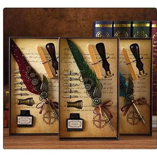 Vintage Feather Quill Pen Gift Set with Ink & Wax Seal Stamp