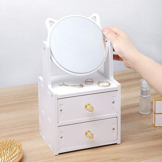 Small Wooden Assembling Makeup Mirror with Drawer & Storage