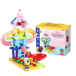 Colorful Marble Run 203pc Building Blocks Toy with Spiral Tracks, Rolling Balls & Rainbow Slinky
